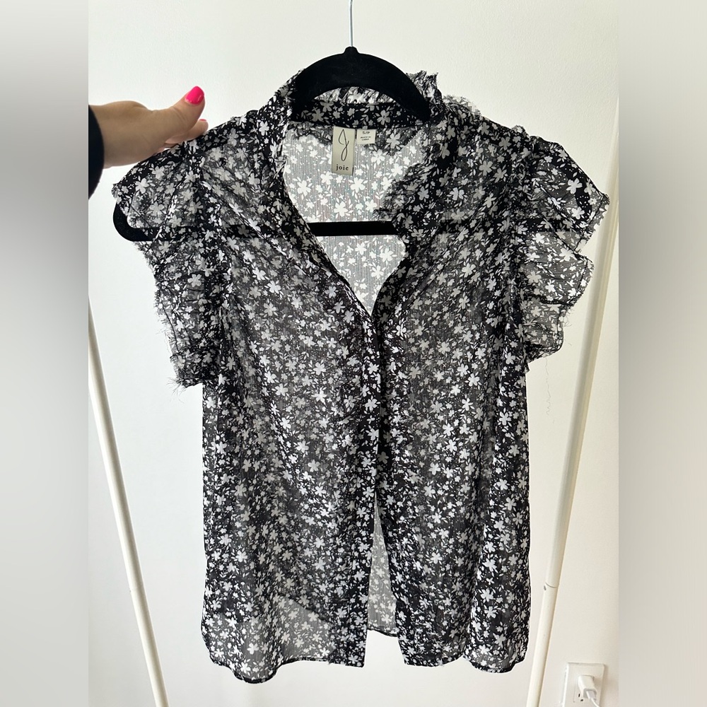 Joie black and white Sheer Floral Print Blouse with ruffle - Size Small